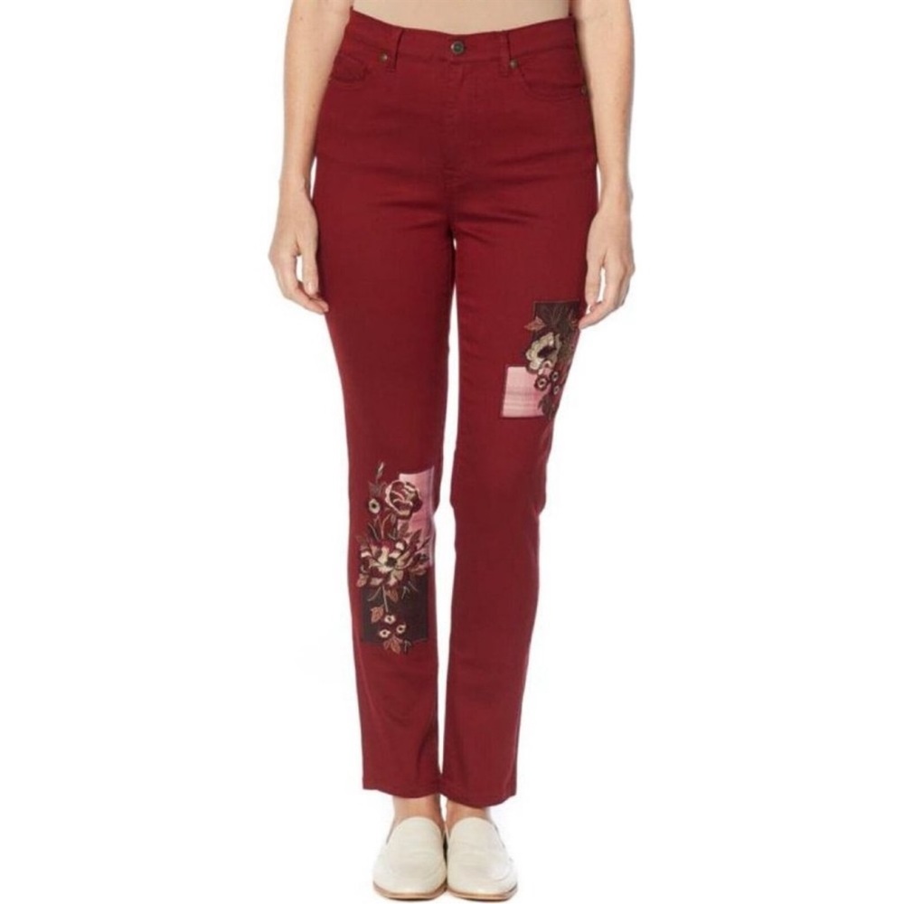 DG2 Diane Gilman Stretch Embroidered Patched Skinny Jeans Wine size 10